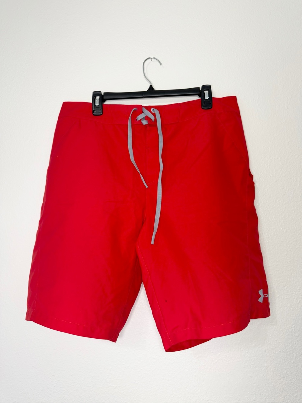 Under Armour Men’s Bright Red Swim Trunks with Gray Drawstring